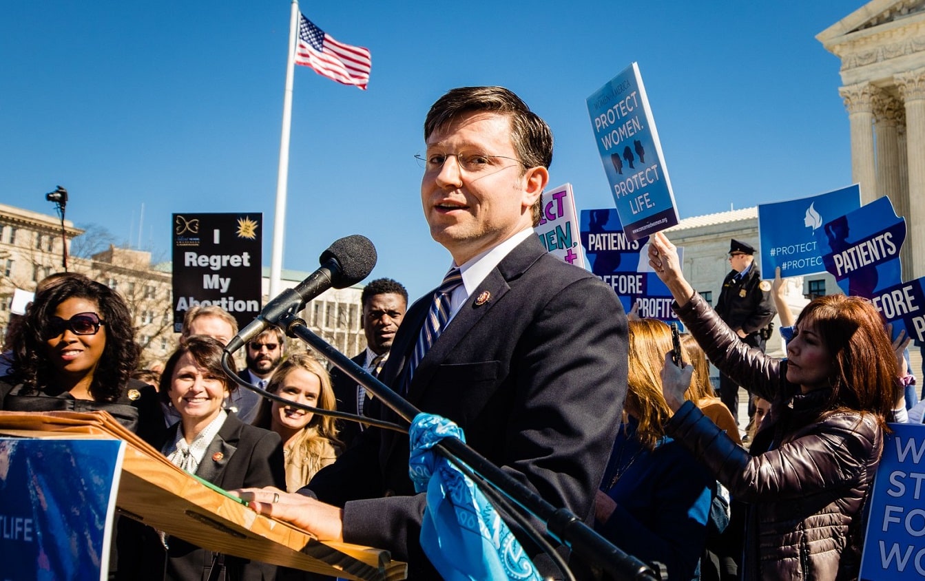 Mike Johnson speaks before a pro-life rally in front of the U.S. Supreme Court while arguments are being heard about Louisiana Act 620 which protects women who face complications from an abortion.