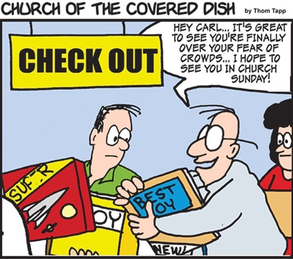 Checkout line talk (Cartoon: Church of the Covered Dish) - Baptist Message