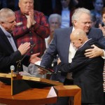 Louisiana College President Rick Brewer embraces Wayne Jenkins after sharing the school had announced the formation of the "Wayne and Martha Jenkins Center for Evangelism and Missions" on campus. Jenkins is a 1970 graduate of the school. Doug Collier photo