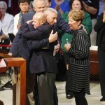 Keith Manuel embraces Wayne Jenkins during a special presentation. Manuel has assumed the same position Jenkins held for 27 years until his retirement Jan. 31, director of evangelism for Louisiana Baptists.