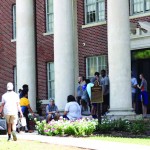 Students file into a dormitory at Louisiana College.