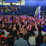 Evangelist Rick Gage congratulates those who came forward to place their trust in Christ. During the four-day crusade at the Rapides Parish Coliseum in Alexandria, 419 declared Jesus as Lord and 371 made another decision.