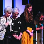 Janet Hoffman, national WMU president emerita, and member of Weldon Baptist Church in Bernice; Wanda Lee, national WMU executive director emerita and national WMU president emerita; Grace Cain, national Acteens panelist and member of the First Baptist Church in Pineville; Emily Morrow, a national Acteens panelist; and Debby Akerman, national WMU president emerita, prayed during the SBC Annual Meeting.