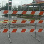 A barricade blocked motorists from passing through a roadway in Kinder July 16, 2019. Brian Blackwell photo