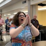 Rebecca Holloway, wife of Stewart Holloway, pastor of the First Baptist Church in Pineville, participates in a time of worship at the E4 Preaching Conference.