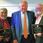 Louisiana College recognized excellence in the pastorate within groupings of worship attendance up to 125, 126 to 500 and more than 500. From left: Gonzalo Rodriquez, Good Shepherd Hispanic Baptist Church in Metairie; LC President Rick Brewer; and Luther Sanson, pastor of Twin Oaks Baptist Church and Bastrop. Not photographed is Fred Luter, Franklin Avenue Baptist Church, New Orleans.