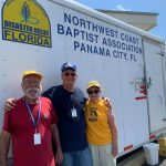 Florida Baptist Disaster Relief volunteers took a break from cleaning a shower trailer at First Baptist Church in Moss Bluff.