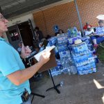 Pastor Bobby Daniel encouraged his members during their first on-campus worship service since Hurricane Laura severely damaged First Baptist Church in Vinton Aug. 27. Norm Miller photo/Taken Sept. 13.