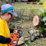 A Mosaic team member uses a chainsaw to cut through a tree at a property damaged by recent hurricanes in Rapides Parish. Mosaic photo