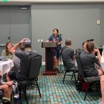 Jess Archer, Louisiana Baptist children/youth mission education strategist, encourages 80 teens from across the country at the Youth On Mission event. The students served on mission at three sites in Nashville.