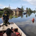 A Louisiana Department of Wildlife and Fisheries agent patrolled a flooded street. LDWF photo