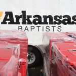 An Arkansas Baptist Disaster Relief trailer was parked by supplies at Woodland Park Baptist Church in Hammond. Patrick Dennis photo