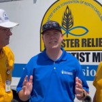 Chad Gilbert, pastor of First Baptist Church in New Orleans, (center) visits with Southern Baptist Disaster Relief officials during a visit to the church Sept. 3. Gilbert has coordinated responses to three hurricanes since September 2020. First Baptist New Orleans screenshot