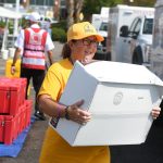 A North Carolina Baptist Disaster Relief team member carried supplies at First Baptist Church in New Orleans.
