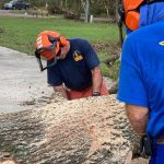 A Texas Baptist Men chainsaw team cut through a fallen tree in Gonzales. Texas Baptist Men photo