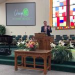 Stewart Holloway, pastor of First Baptist Church, Pineville, preaches during the May 1 worship service at First Baptist Church, Lecompte.