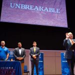 LCU President Rick Brewer honored We also honored three former Wildcat players Ben McLaughlin, Wes Cooper and Easton Melancon during its first chapel of fall 2022. LCU photo