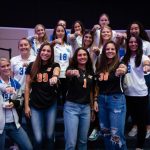 Members of the 2021 LCU RRAC champion women's soccer team, as well as members of the LCU athletics staff, receive their championship rings during chapel.