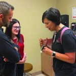 Actor Kirk Cameron, Kim Lyons and Claire Lemoine tour the CENLA Pregnancy Center before the Gift of Life banquet. Lyons succeeded Lemoine as executive director Sept. 13, 2022.