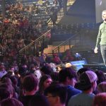 Keynote speaker Shane Pruitt addresses students who made a decision for Christ.