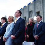 U.S. House Speaker Mike Johnson and his wife Kelly (second row) joined other dignitaries, Jan. 7, to celebrate the inauguration of Gov. Jeff Landry with his wife Sharon (front).