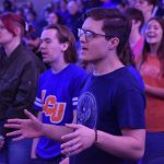 An LCU student worshipped during the first day of the school's spring revival services.