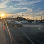 Cars lined up to receive food at First Baptist Church, Mt. Vernon, Georgia.