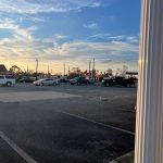 Cars lined up to receive food at First Baptist Church, Mt. Vernon, Georgia.