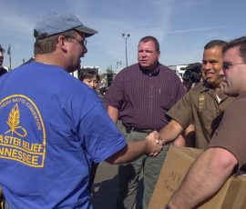 Southern Baptist Disaster Relief team members from Tennessee meet and work with UPS workers after the Sept. 11, 2001, attack on the World Trade Center. Photo by Jim Veneman